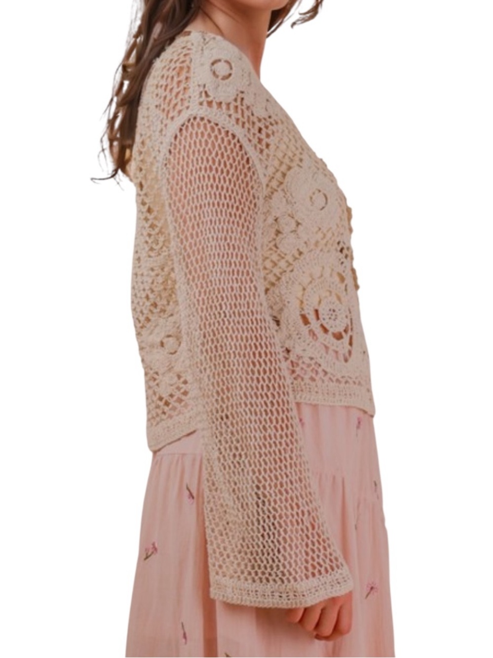 NEW IN Brand Natural Beige Boho Bell Sleeve Crochet Knit Top - Picture 4 of 9